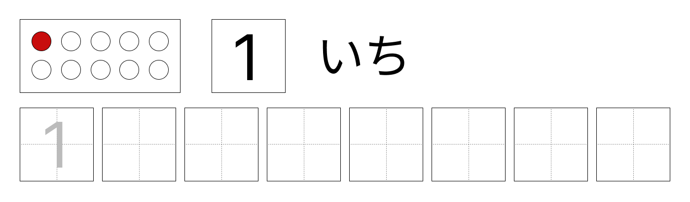 1から5までの数字 - 1 [ 1 ] しかくに かずを かきましょう。の図