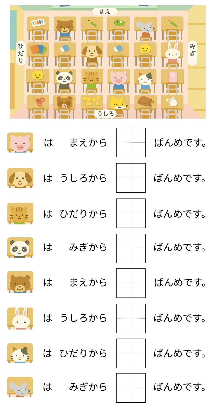 前/後ろ/左/右から何番目 [ 1 ] なんばんめ にいるかを かいてください。の図