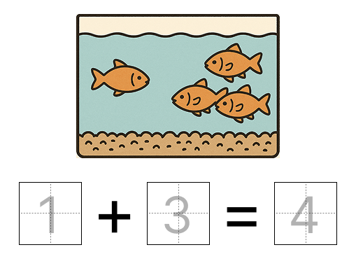 足し算の式と答え - 1 [ 1 ] えを みて たしざんの しきと こたえを かきましょう。の図