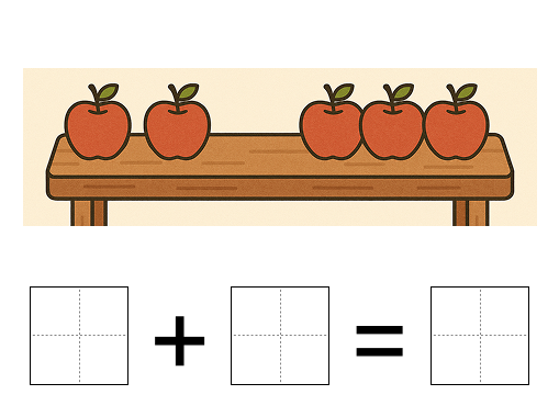足し算の式と答え - 1 [ 1 ] えを みて たしざんの しきと こたえを かきましょう。の図
