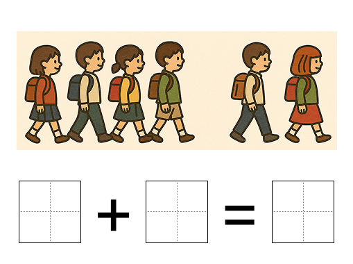足し算の式と答え - 1 [ 1 ] えを みて たしざんの しきと こたえを かきましょう。の図