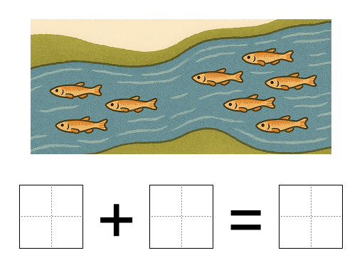 足し算の式と答え - 1 [ 1 ] えを みて たしざんの しきと こたえを かきましょう。の図