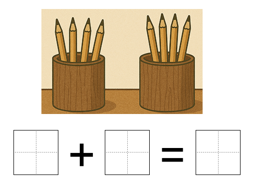 足し算の式と答え - 1 [ 1 ] えを みて たしざんの しきと こたえを かきましょう。の図