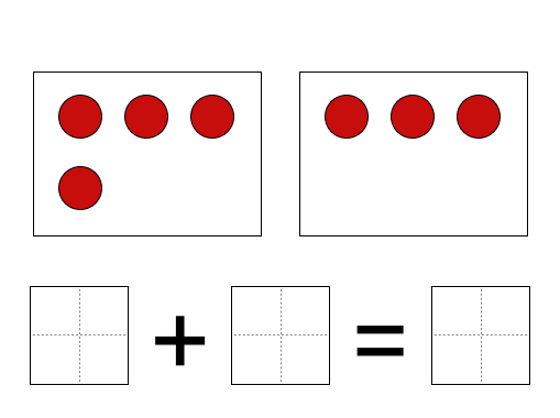 足し算の式と答え - 1 [ 1 ] えを みて たしざんの しきと こたえを かきましょう。の図