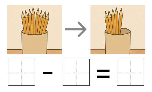 引き算の式と答え - 2 [ 1 ] えを みて しきを かきましょう。の図