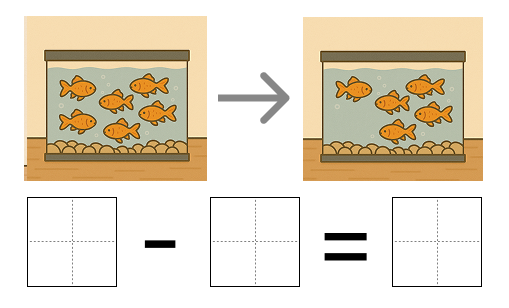 引き算の式と答え - 2 [ 1 ] えを みて しきを かきましょう。の図