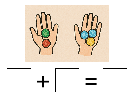 0から9の足し算 [ 1 ] えを みて しきを かきましょう。の図