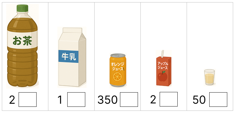 L,dL,mLの計算と単位変換 - 2 [ 1 ] しかくに 入る たんい（L、dL、mL）を かきましょう。の図