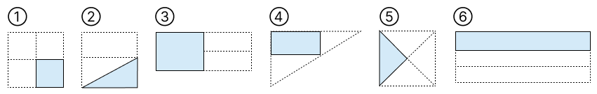 分数であらわす - 1 [ 1 ] 二分の一、四分の一に なっている 図は どれですか。の図