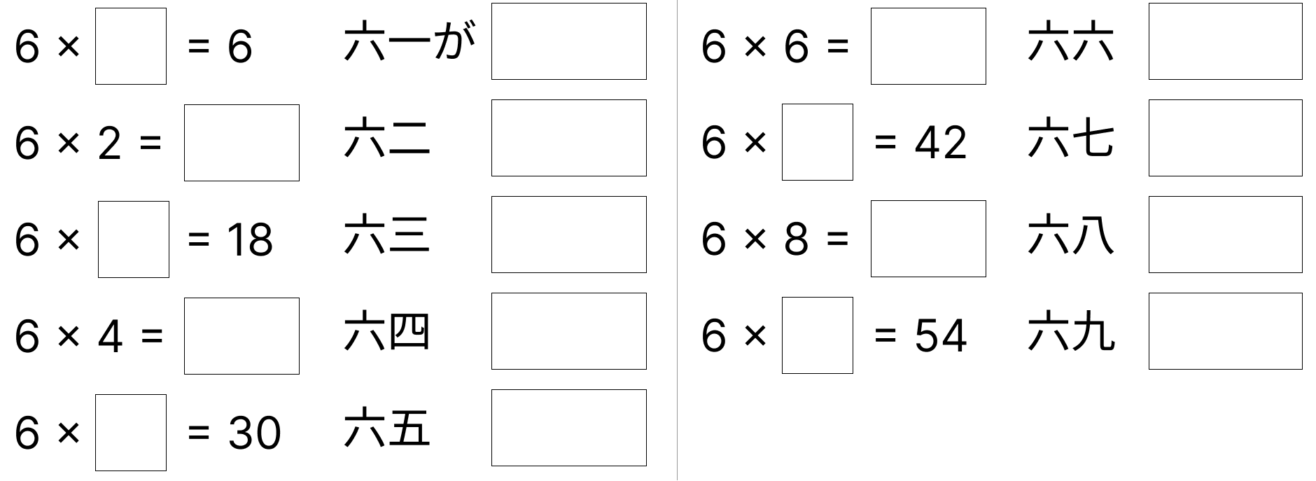 6の段の九九 [ 3 ] 6のだんの 九九です。しかくに あてはまる 数を 書きましょう。の図