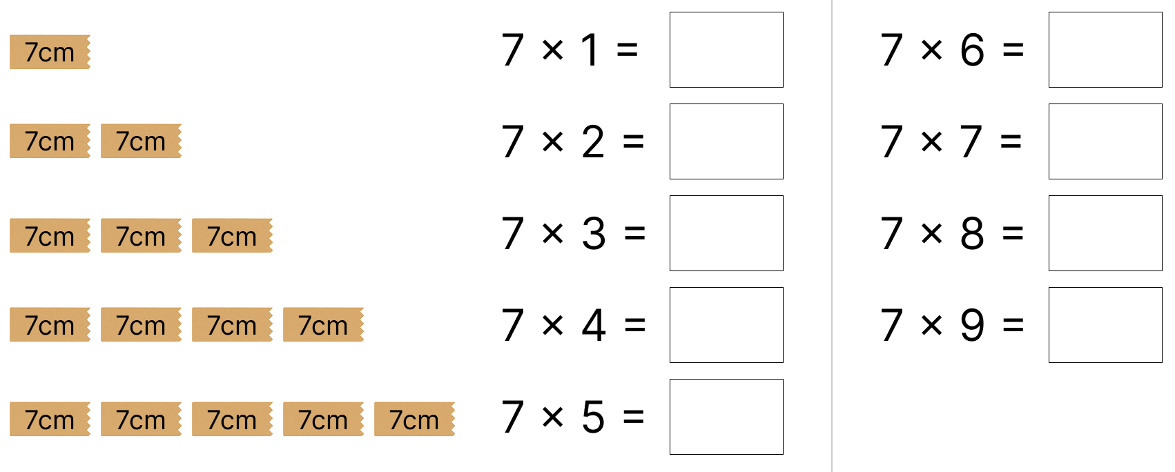 7の段の九九 [ 1 ] しかくに あてはまる 数を 書きましょう。の図