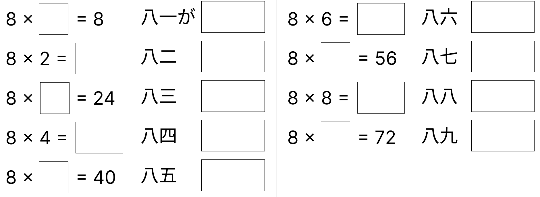 8の段の九九 [ 3 ] 8のだんの 九九です。しかくに あてはまる 数を 書きましょう。の図