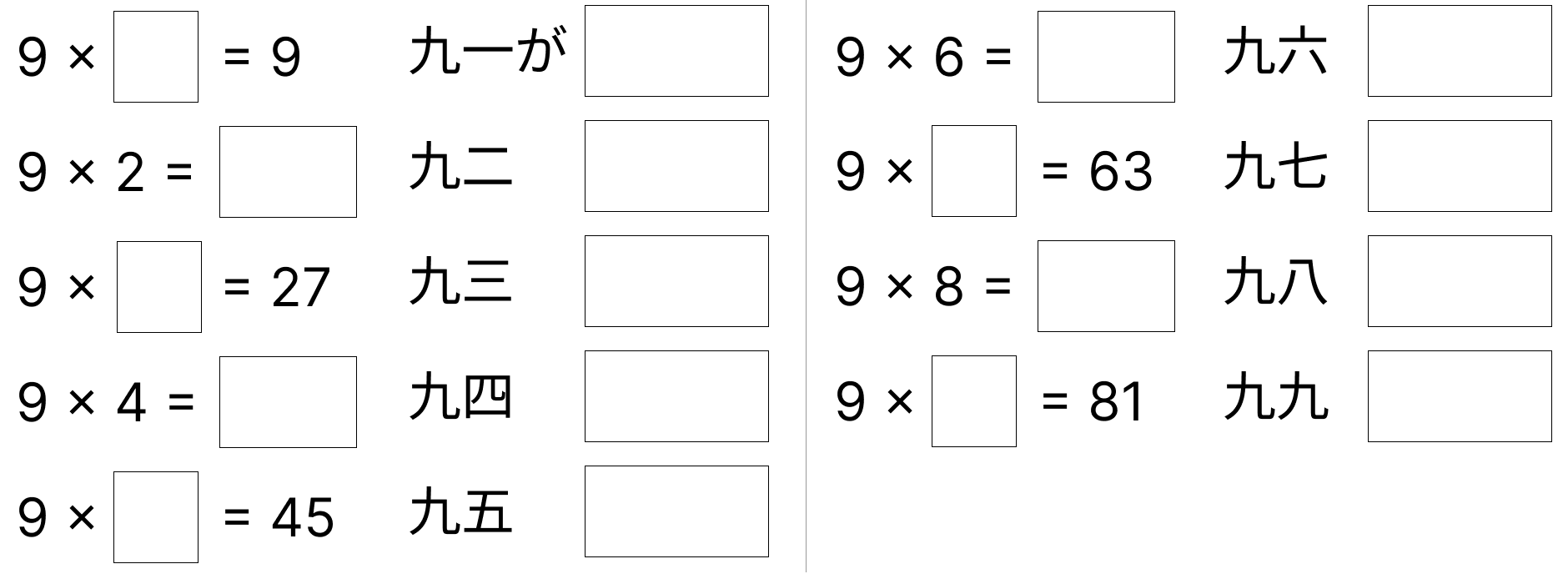 9の段の九九 [ 3 ] 9のだんの 九九です。しかくに あてはまる 数を 書きましょう。の図