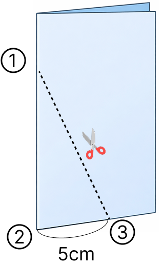 三角形と角 [ 3 ] 紙を2つにおって点線のところで切ります。の図