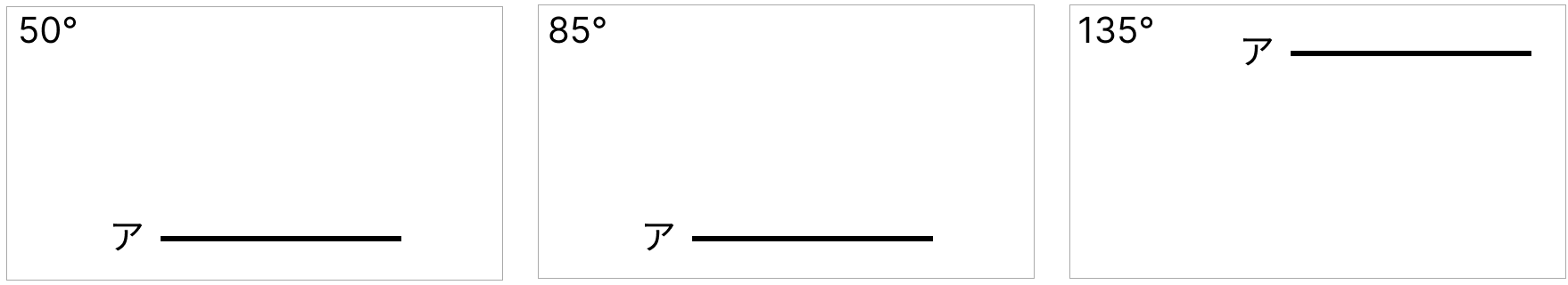 分度器と三角定規 [ 1 ] アを頂点として50°、85°、135°の角を書きましょう。の図