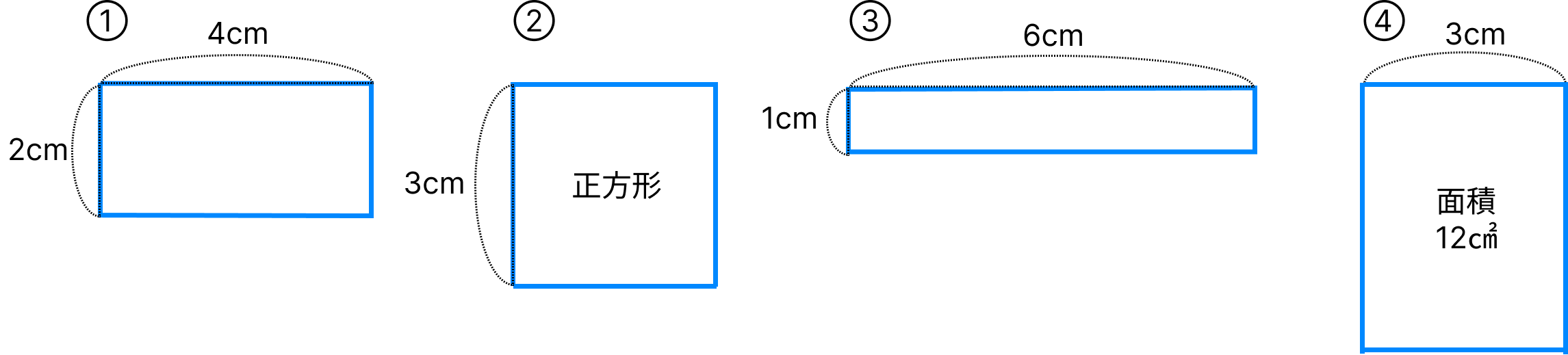 四角形の面積 [ 2 ] ①から③の面積と、④のたての長さを求めましょう。の図