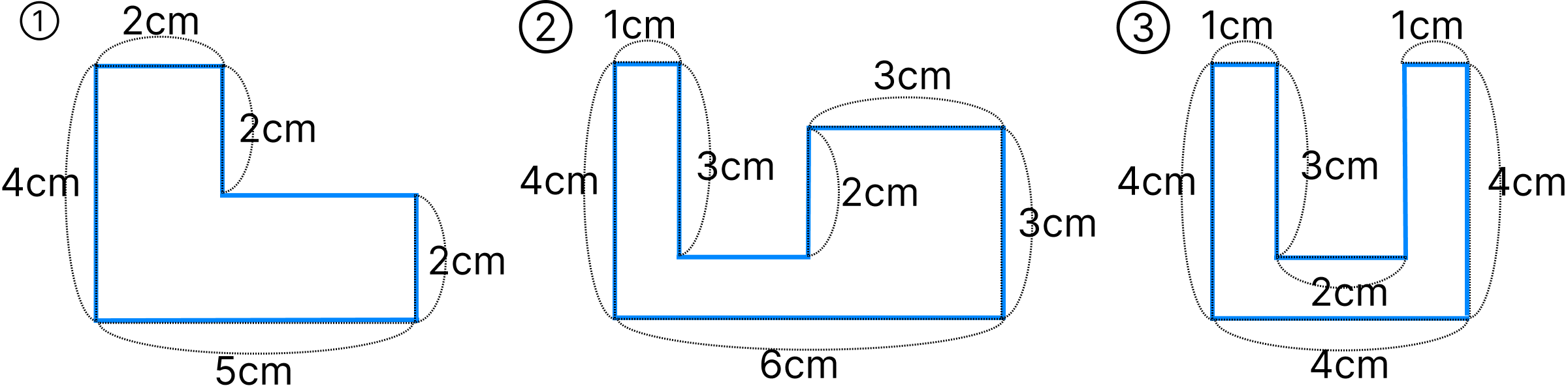 四角形の面積 [ 4 ] ①から③の面積を求めましょう。の図